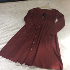 OUGES L/S Button Front Dress